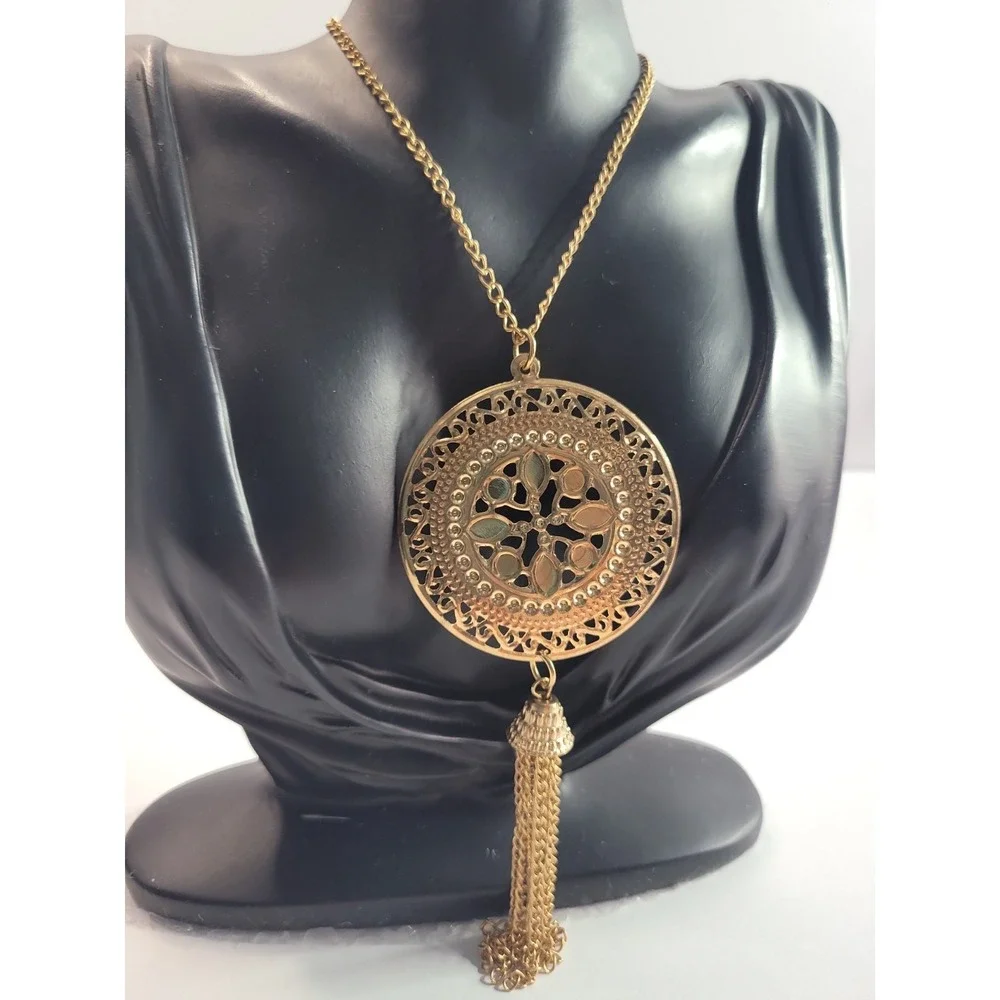 Gold Tone Medallion Tassel Necklace Openwork Filigree Boho Statement Jewelry